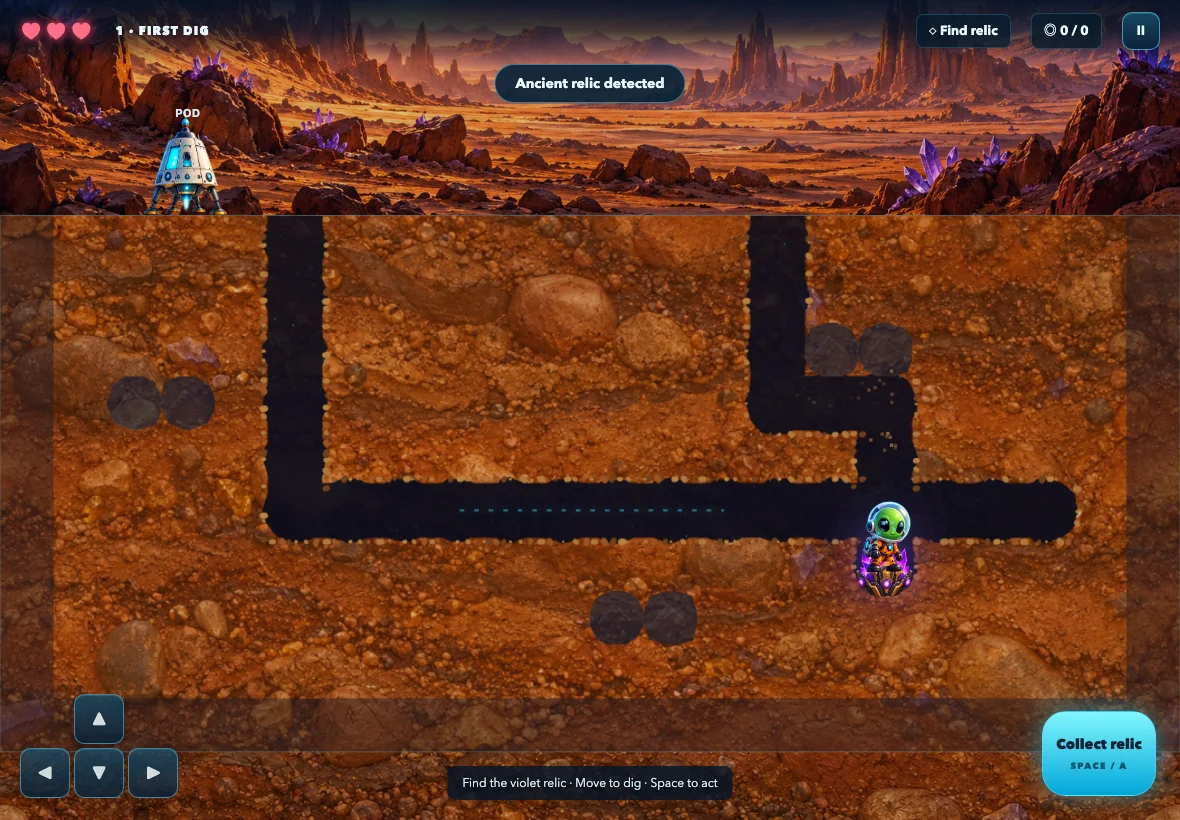 The green explorer beside a luminous violet relic underground.