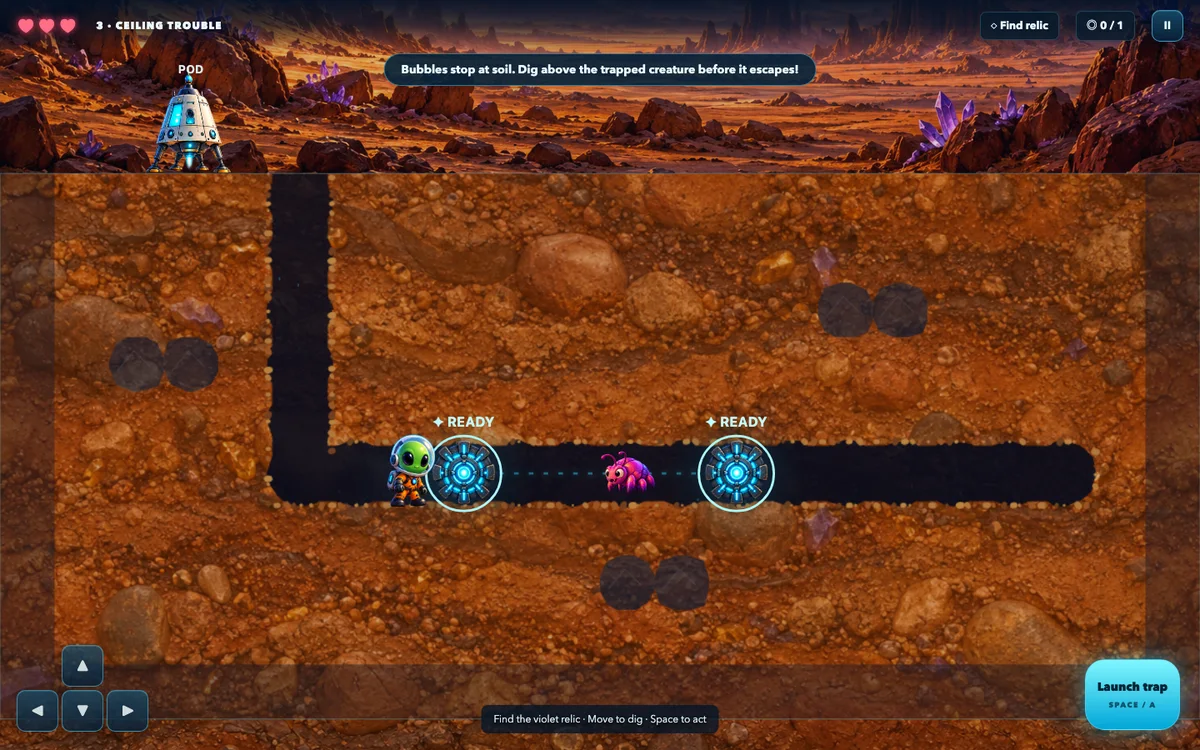 Cyan nodes linked through an open tunnel, ready to capture a pink creature.